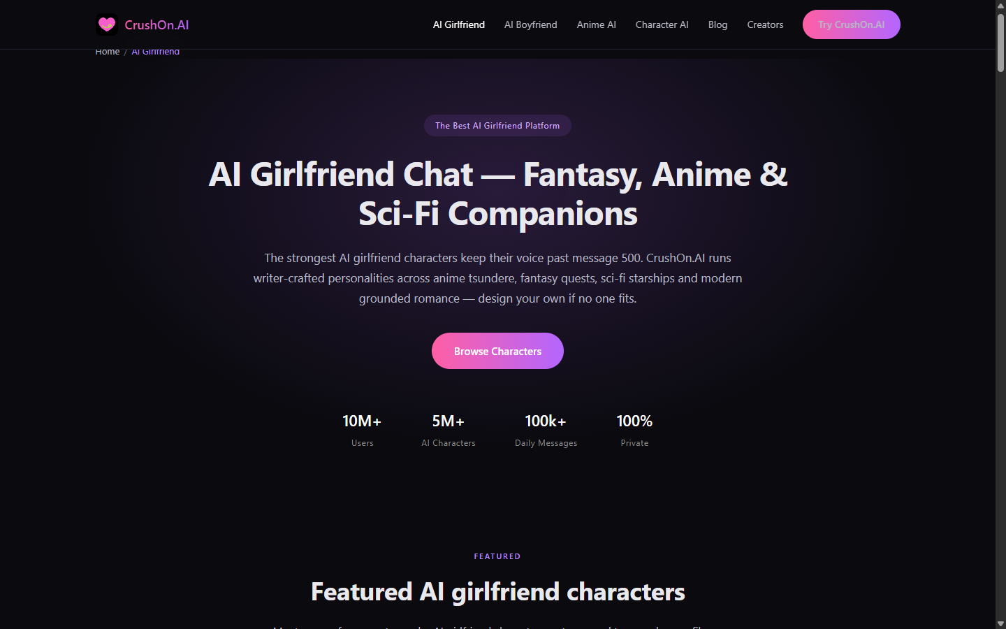 Rendu public de la page d'accueil petite amie CrushOn.AI avec un héros sombre et un bouton rose-violet