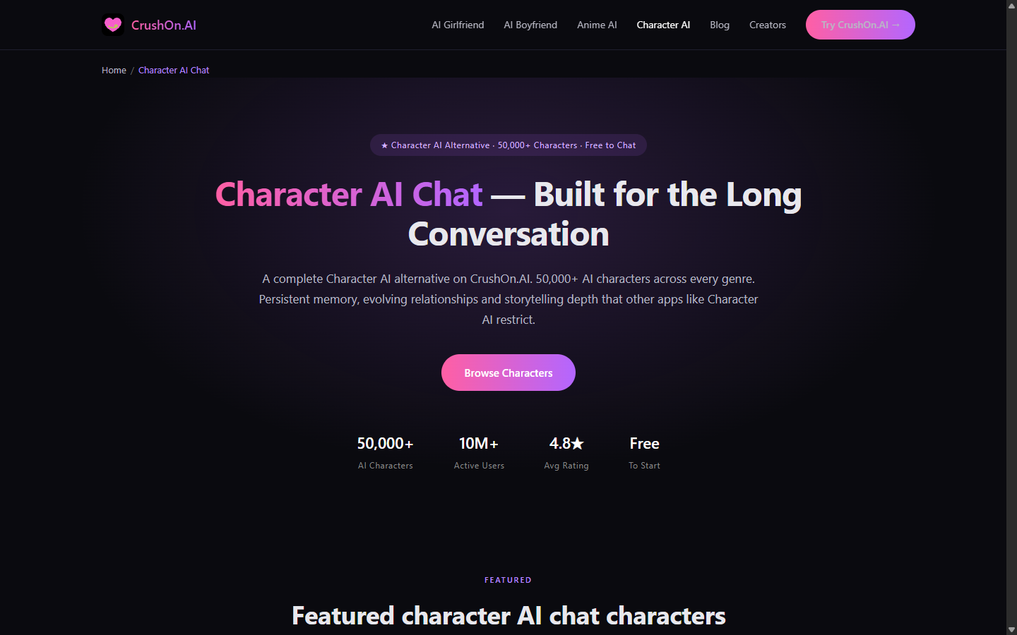 Rendu public de la page personnage IA CrushOn.AI avec titre sur les longues conversations