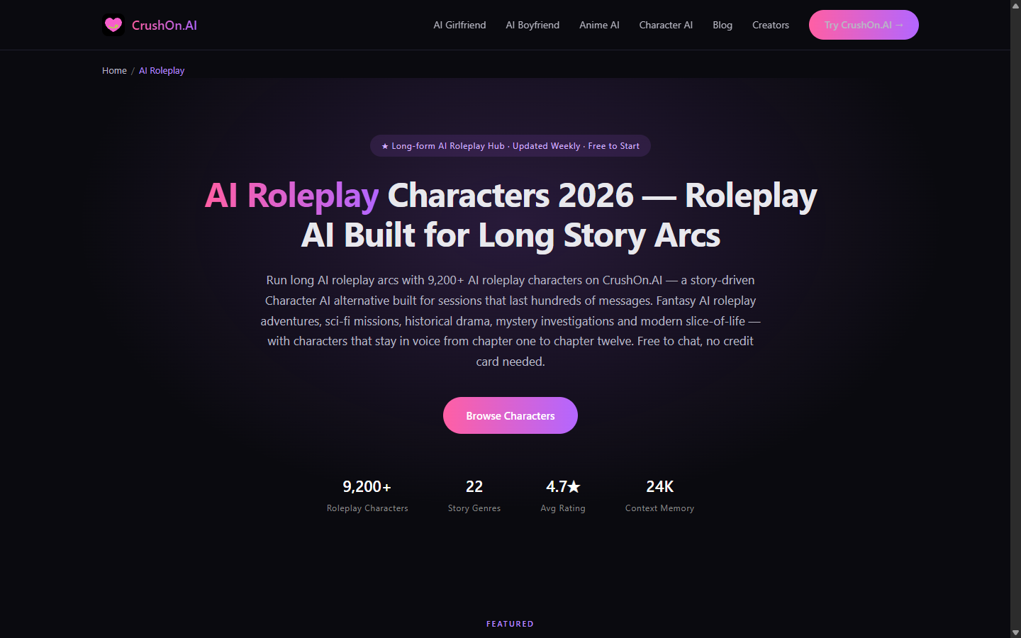 Rendu public de la page jeu de rôle CrushOn.AI avec titre sur les longues intrigues